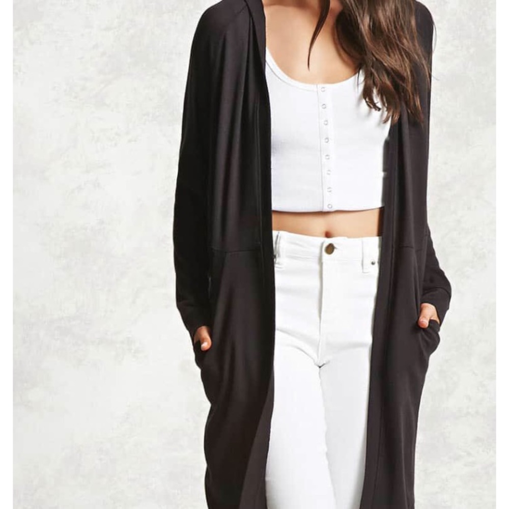 Longline knee length hooded cardi.